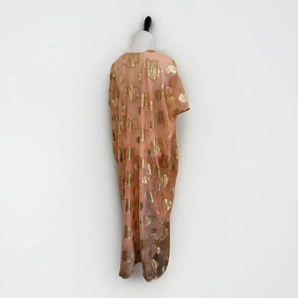 Kaftan Caftan Maxi Dress 1 Size Peach BOHO Gold Paisley Embellished Square Neck - Picture 3 of 12